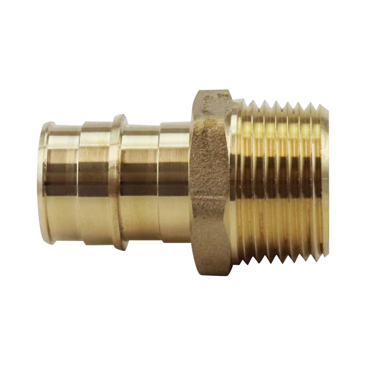 The Go Build 1/2 in. Brass PEX-A Barb x MPT Adapter features a ribbed hose barb and threaded male end, perfect for connecting PEX-A tubing to threaded pipes in plumbing applications.